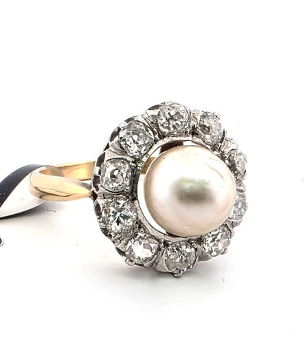 Bague 54 Bague en or jaune 18 ct, argent, diamants et perle naturelle 58 Facettes 353/26 B 187/26