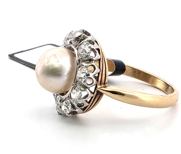 Bague 54 Bague en or jaune 18 ct, argent, diamants et perle naturelle 58 Facettes 353/26 B 187/26