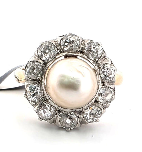 Bague 54 Bague en or jaune 18 ct, argent, diamants et perle naturelle 58 Facettes 353/26 B 187/26