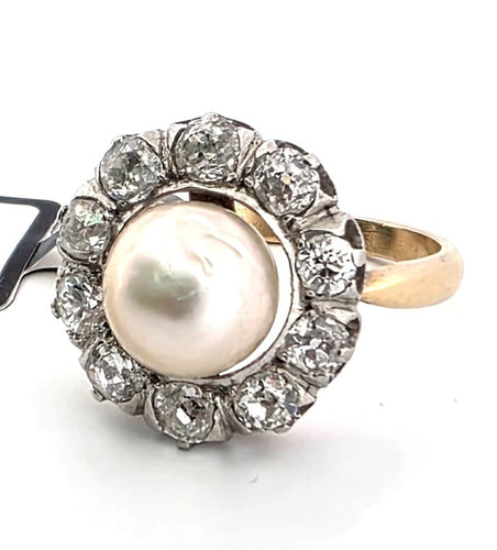 Bague 54 Bague en or jaune 18 ct, argent, diamants et perle naturelle 58 Facettes 353/26 B 187/26