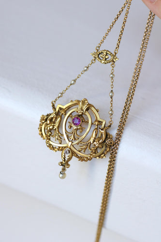 Collier Belle Époque - Collier en or jaune, rubis birman, diamants et perles 58 Facettes