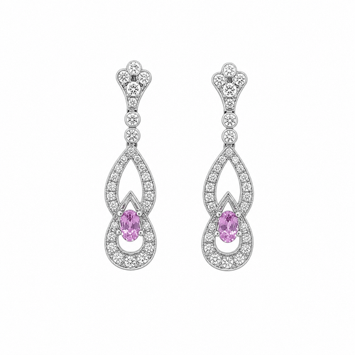 Boucles d'oreilles Imperial Elegance - Boucles d'oreilles en platine, diamants et saphirs roses 58 Facettes 50467