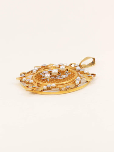 Pendentif Belle Époque - Pendentif rond en or jaune, perles et diamants 58 Facettes 1233.4