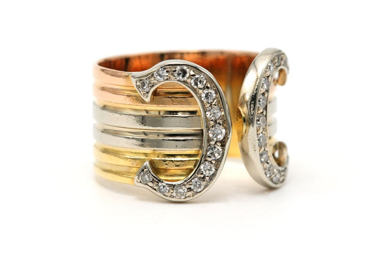 Bague 49 Cartier Double C - Bague en or jaune, blanc et rose avec diamants 58 Facettes B869