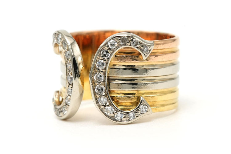 Bague 49 Cartier Double C - Bague en or jaune, blanc et rose avec diamants 58 Facettes B869