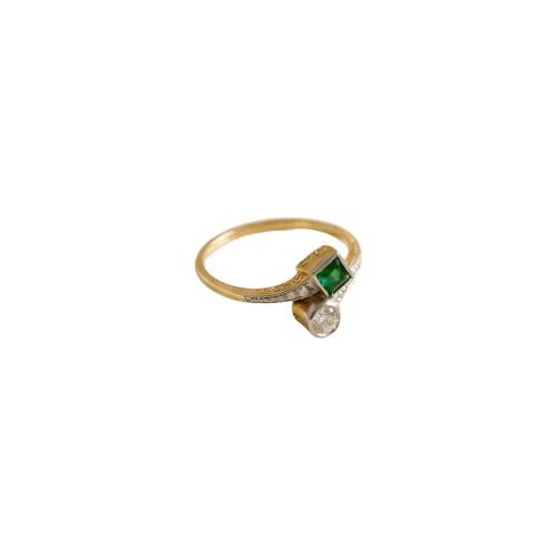 Bague 53 Toi et Moi - Bague ancienne en or jaune, émeraude et diamants 58 Facettes HJ250247