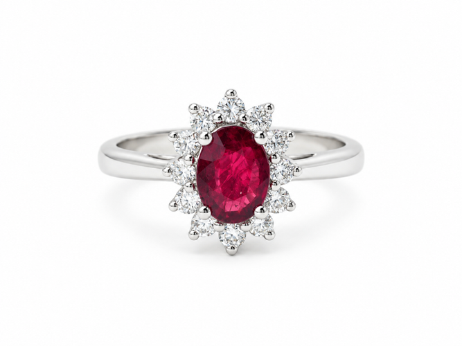 Bague 54 Bague marguerite en or blanc 18k, rubis du Mozambique et diamants 58 Facettes 32945