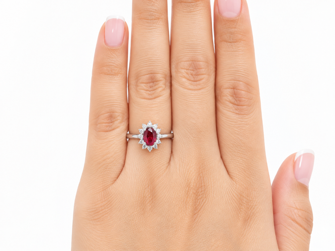 Bague 54 Bague marguerite en or blanc 18k, rubis du Mozambique et diamants 58 Facettes 32945