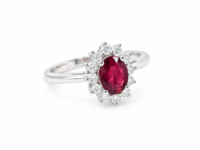 Bague 54 Bague marguerite en or blanc 18k, rubis du Mozambique et diamants 58 Facettes 32945