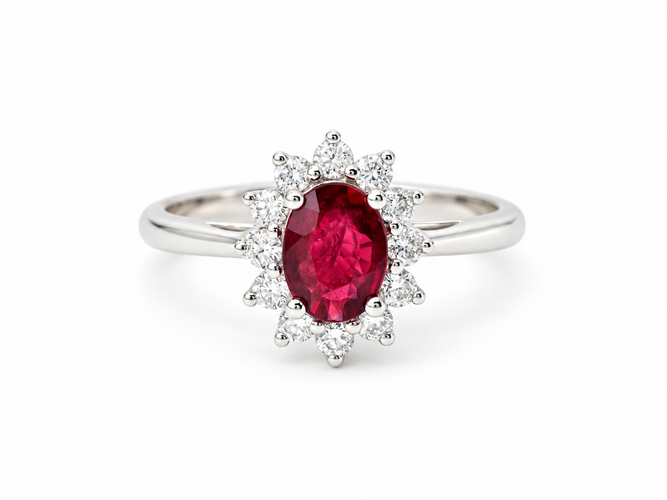 Bague 54 Bague marguerite en or blanc 18k, rubis du Mozambique et diamants 58 Facettes 32945