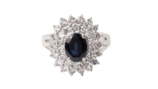 Bague 54 Bague double entourage en or blanc, saphir ovale et diamants 58 Facettes 32968