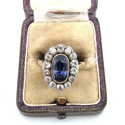 Bague 56 Bague édouardienne en or 18 ct, argent, saphir Ceylan et diamants 58 Facettes 391/26 A 193/26