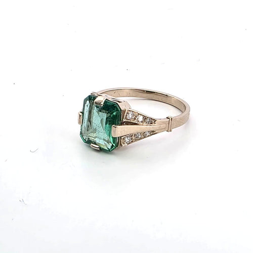 Bague 54 Bague Art déco en or blanc avec diamants et émeraude 58 Facettes 377/26 M