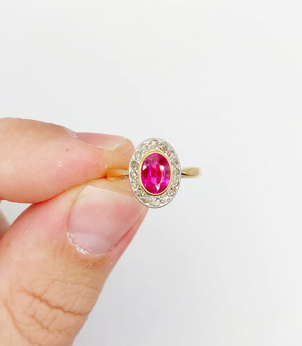 Bague 47.5 Bague pompadour antique en or 18k, platine, rubis synthétique et diamants 58 Facettes A07323