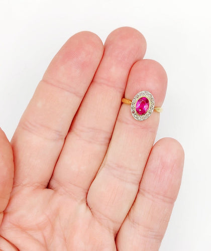 Bague 47.5 Bague pompadour antique en or 18k, platine, rubis synthétique et diamants 58 Facettes A07323
