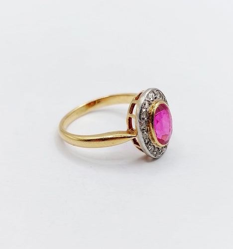 Bague 47.5 Bague pompadour antique en or 18k, platine, rubis synthétique et diamants 58 Facettes A07323