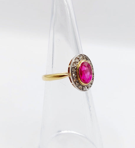 Bague 47.5 Bague pompadour antique en or 18k, platine, rubis synthétique et diamants 58 Facettes A07323