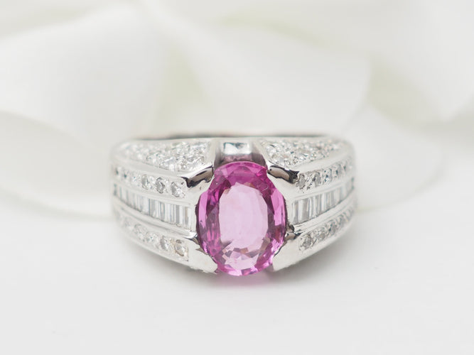 Bague Bague jonc en or blanc, saphir rose et diamants 58 Facettes 33291