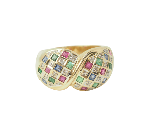 Bague 61 Bague pavée en or jaune, diamants et pierres précieuses 58 Facettes 22233