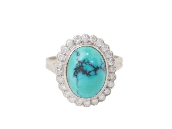 Bague 56 Bague Pompadour en or blanc 18 kt avec diamants et turquoise cabochon 58 Facettes 33204