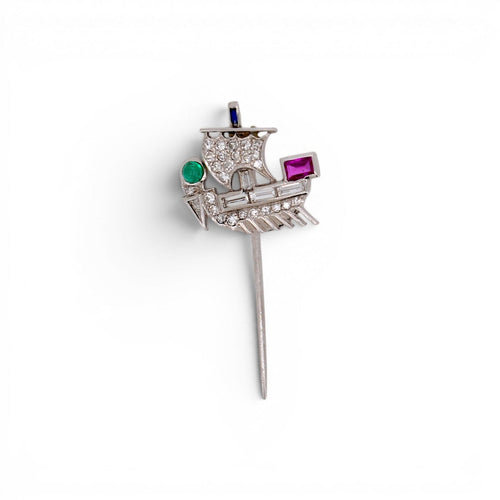 Broche Art déco - Broche drakkar en platine, diamants et pierres précieuses 58 Facettes BRO-1008