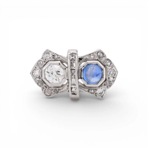 Bague 54 Art déco Toi et Moi - Bague en or blanc, saphir et diamants 58 Facettes