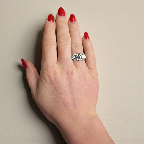 Bague 54 Art déco Toi et Moi - Bague en or blanc, saphir et diamants 58 Facettes