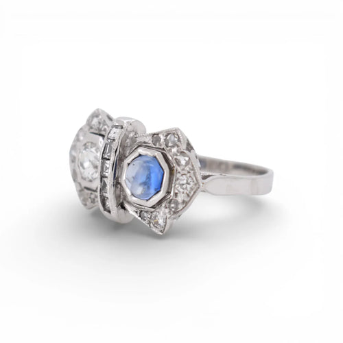 Bague 54 Art déco Toi et Moi - Bague en or blanc, saphir et diamants 58 Facettes