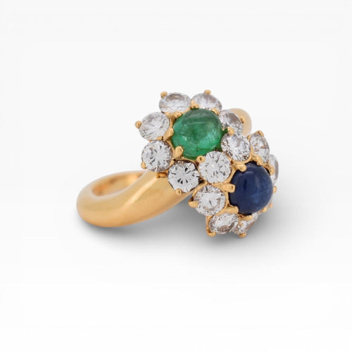 Bague 52 Bague Toi et Moi 1960 en or jaune, diamants, émeraude et saphir 58 Facettes RI-1010