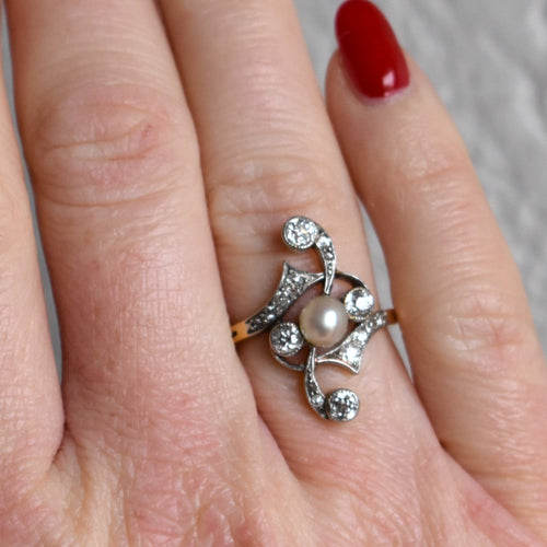 Bague 54 Art Nouveau - Bague en or jaune, platine, perle et diamants 58 Facettes RI-1032