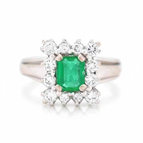 Bague 52 Bague vintage en or blanc avec émeraude et diamants 58 Facettes
