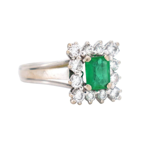 Bague 52 Bague vintage en or blanc avec émeraude et diamants 58 Facettes