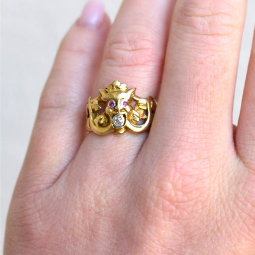 Bague 55 Art Nouveau - Bague gargouille en or jaune, rubis et diamant 58 Facettes RI-1016