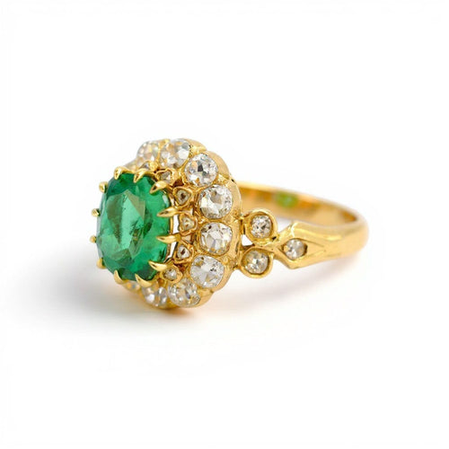 Bague 52 Bague cocktail victorienne double halo en or jaune, émeraude et diamants 58 Facettes RI-1037
