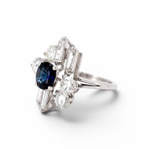 Bague 53 Bague moderniste en or blanc 18 ct avec saphir et diamants 58 Facettes RI-1033
