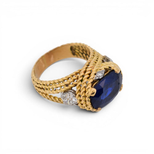 Bague 54.5 Mid-Century - Bague tressée en or jaune, saphir Ceylan et diamants 58 Facettes RI-1041