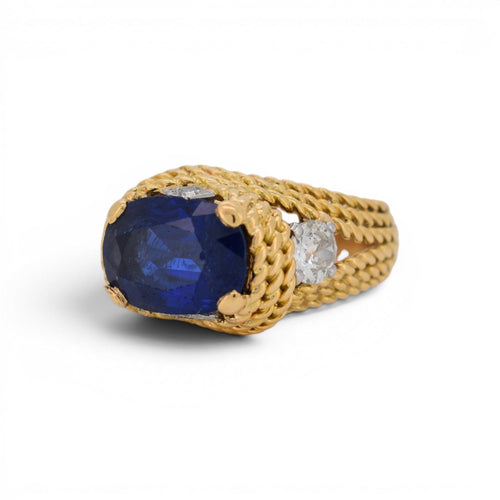 Bague 54.5 Mid-Century - Bague tressée en or jaune, saphir Ceylan et diamants 58 Facettes RI-1041