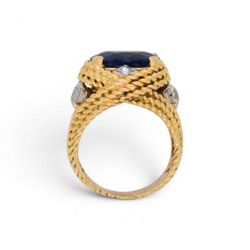 Bague 54.5 Mid-Century - Bague tressée en or jaune, saphir Ceylan et diamants 58 Facettes RI-1041