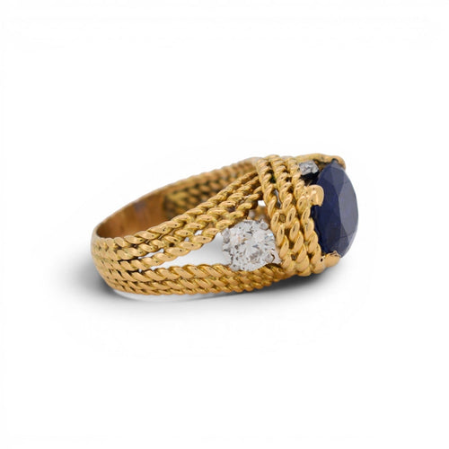 Bague 54.5 Mid-Century - Bague tressée en or jaune, saphir Ceylan et diamants 58 Facettes RI-1041