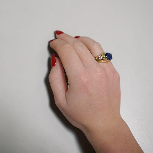 Bague 54.5 Mid-Century - Bague tressée en or jaune, saphir Ceylan et diamants 58 Facettes RI-1041
