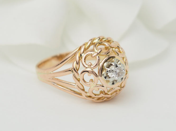 Bague 55 Bague Tank ancienne en or rose 18 carats avec diamant – Années 1940 58 Facettes 33321