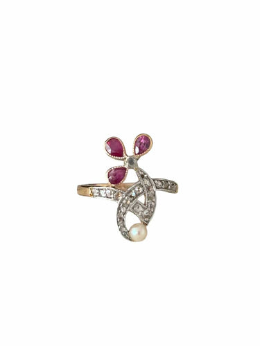 Bague 51 Art Nouveau - Bague florale en or rose, platine, rubis et diamants 58 Facettes 271