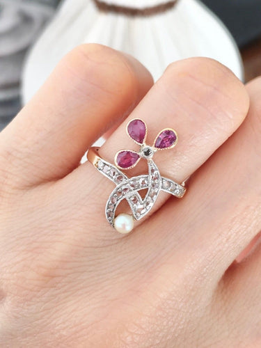 Bague 51 Art Nouveau - Bague florale en or rose, platine, rubis et diamants 58 Facettes 271