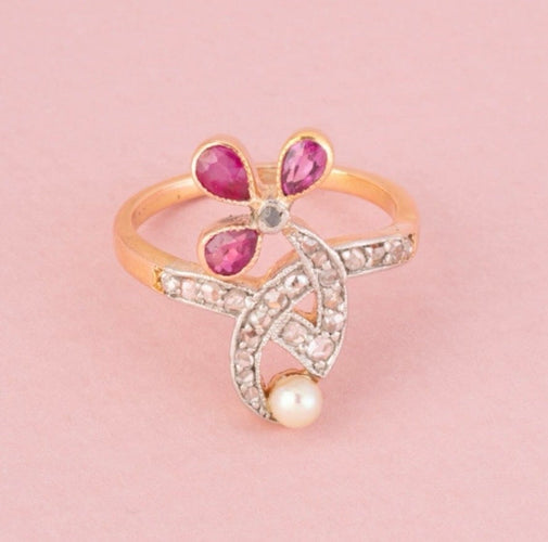 Bague 51 Art Nouveau - Bague florale en or rose, platine, rubis et diamants 58 Facettes 271