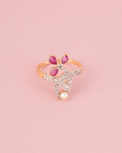 Bague 51 Art Nouveau - Bague florale en or rose, platine, rubis et diamants 58 Facettes 271
