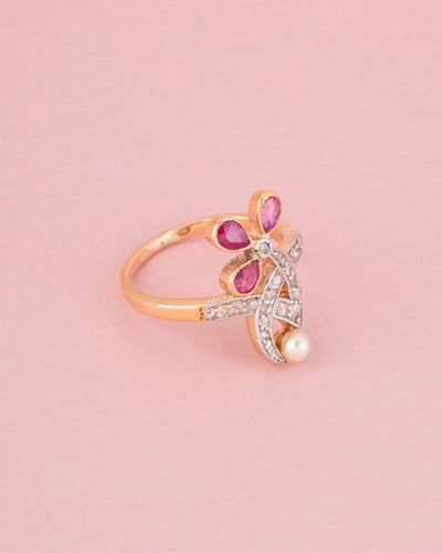 Bague 51 Art Nouveau - Bague florale en or rose, platine, rubis et diamants 58 Facettes 271