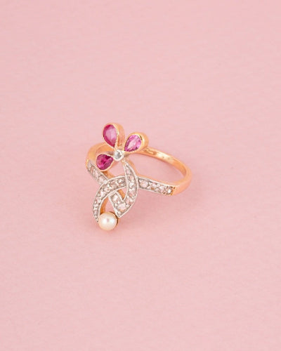 Bague 51 Art Nouveau - Bague florale en or rose, platine, rubis et diamants 58 Facettes 271