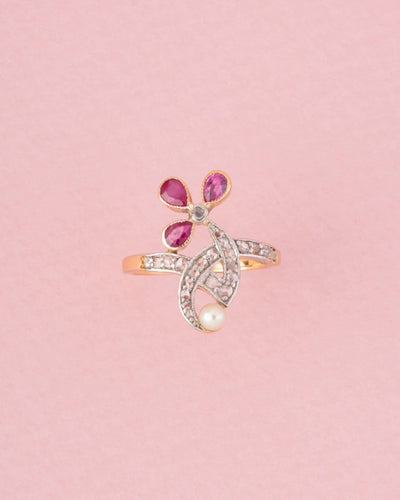 Bague 51 Art Nouveau - Bague florale en or rose, platine, rubis et diamants 58 Facettes 271