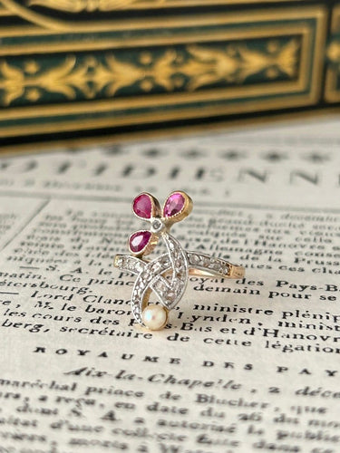 Bague 51 Art Nouveau - Bague florale en or rose, platine, rubis et diamants 58 Facettes 271