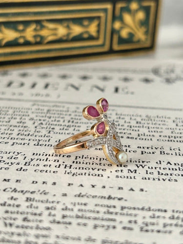 Bague 51 Art Nouveau - Bague florale en or rose, platine, rubis et diamants 58 Facettes 271